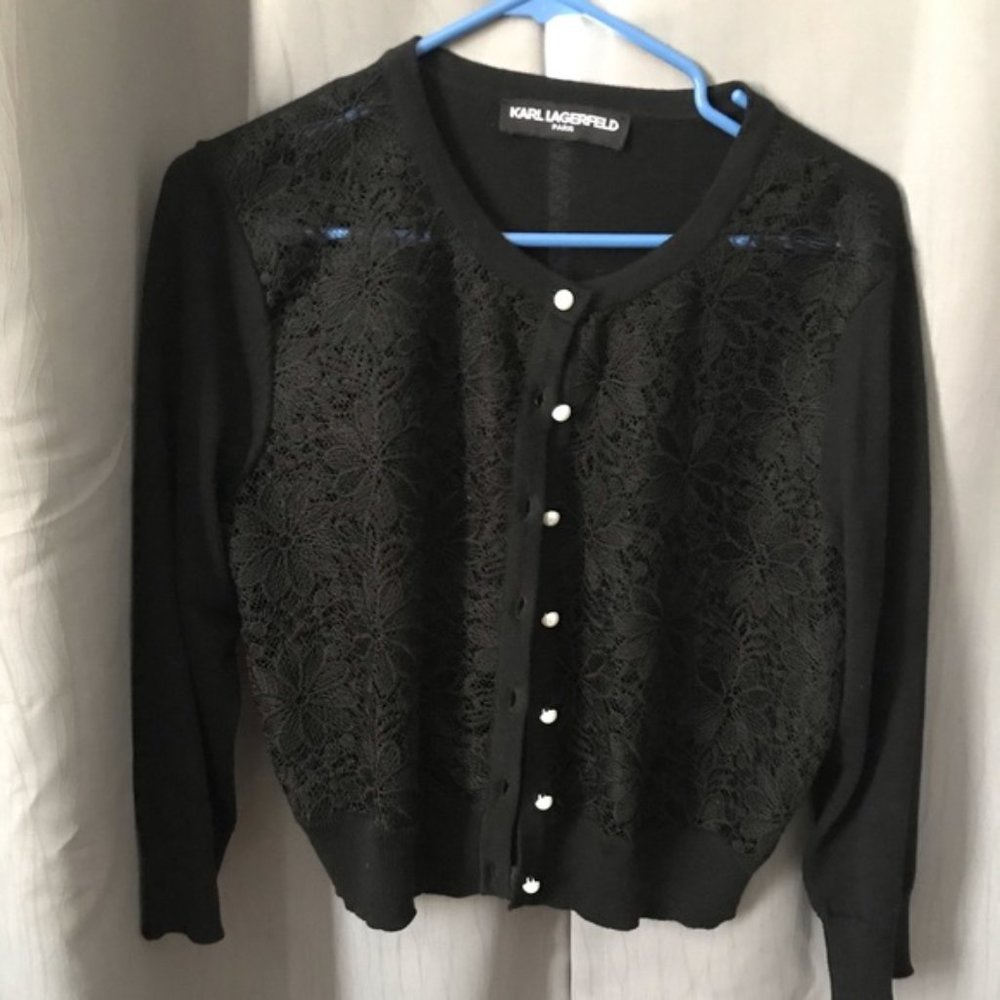 Karl Lagerfield Lace Front Black Cardigan, Lg